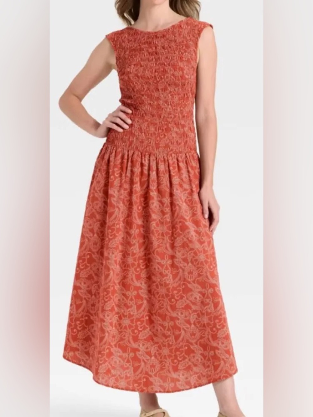 Smocked Bodice Midi Dress in Rust Floral